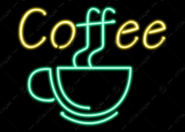 Glowing neon sign with cup and word Coffee on black background Illustration of Glowing neon sign with cup and word Coffee on black background