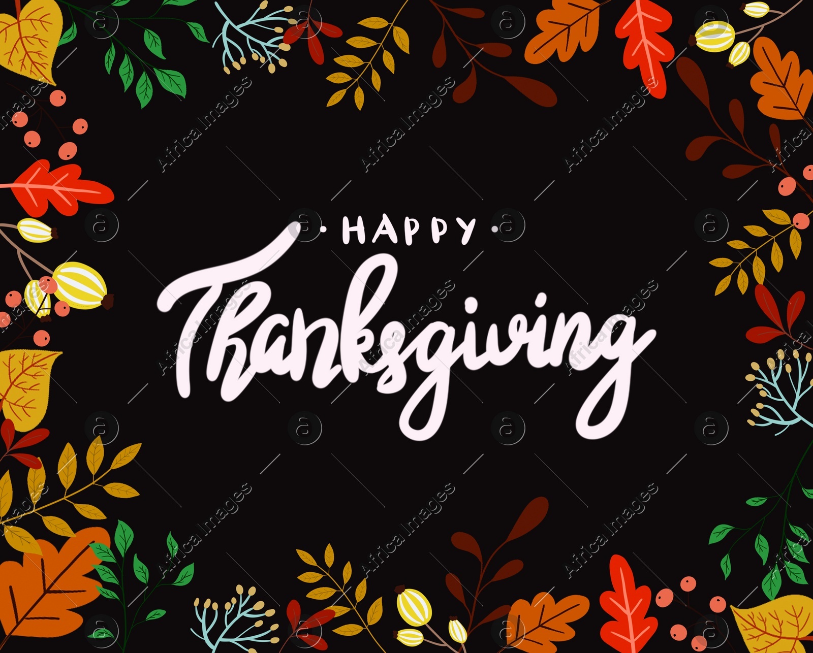 Thanksgiving day card design. Text in frame with autumn leaves on black background, illustration Illustration of Thanksgiving day card design. Text in frame with autumn leaves on black background, illustration