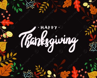 Thanksgiving day card design. Text in frame with autumn leaves on black background, illustration Illustration of Thanksgiving day card design. Text in frame with autumn leaves on black background, illustration