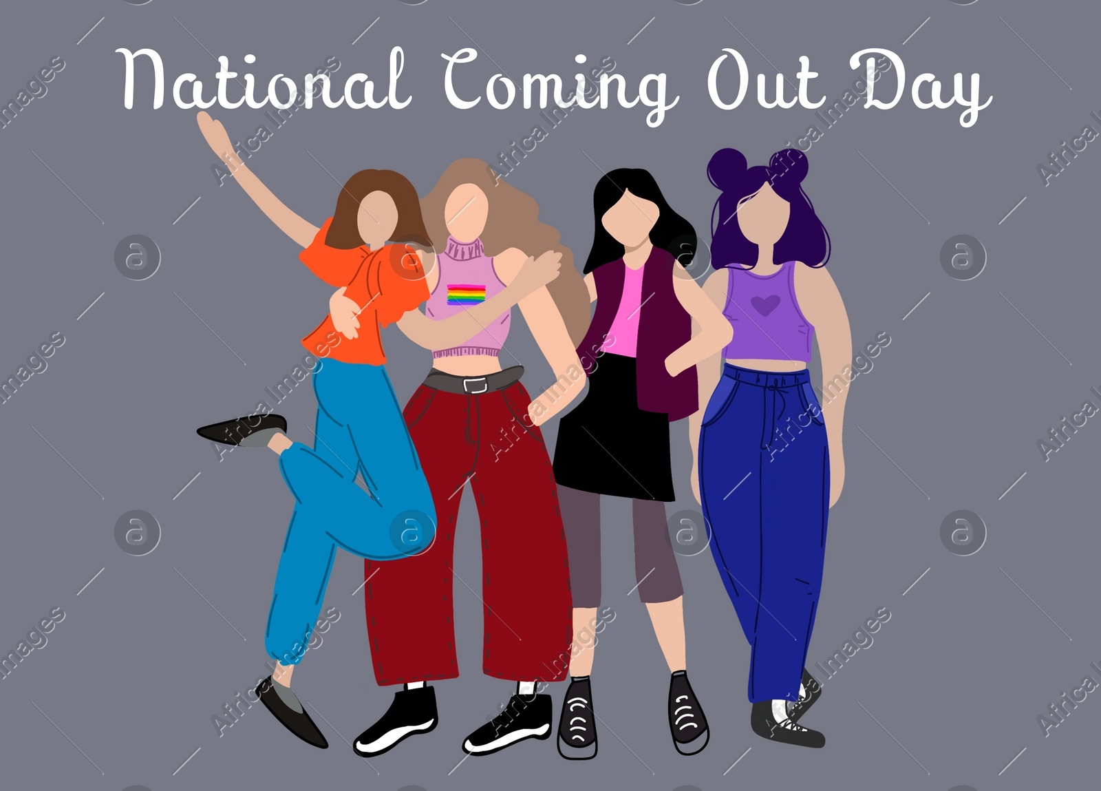 National Coming Out Day. Group of people on grey background, illustration Illustration of National Coming Out Day. Group of people on grey background, illustration