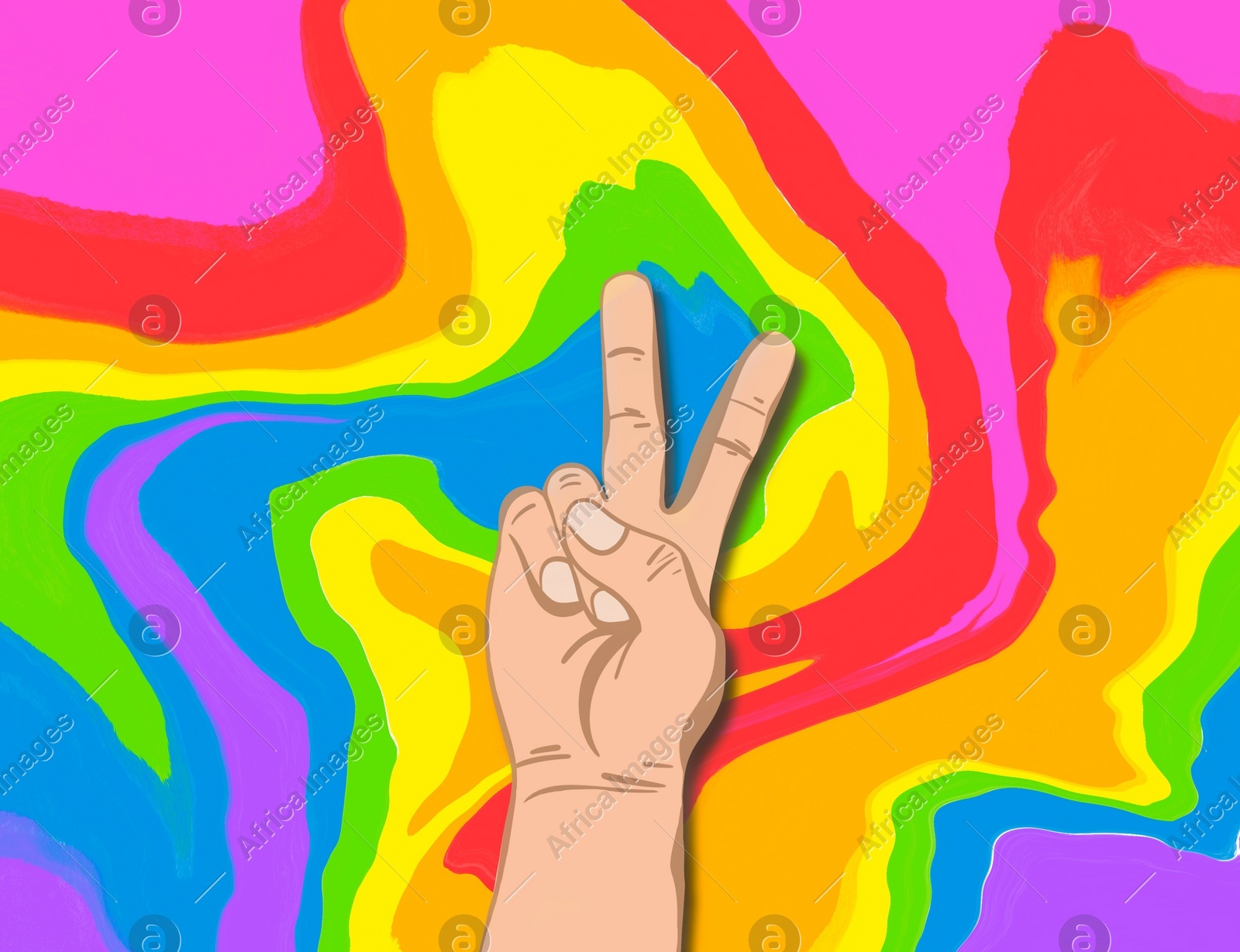 Person showing peace gesture against background in colors of pride flag, illustration Illustration of Person showing peace gesture against background in colors of pride flag, illustration