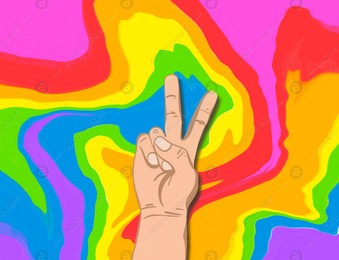 Person showing peace gesture against background in colors of pride flag, illustration Illustration of Person showing peace gesture against background in colors of pride flag, illustration