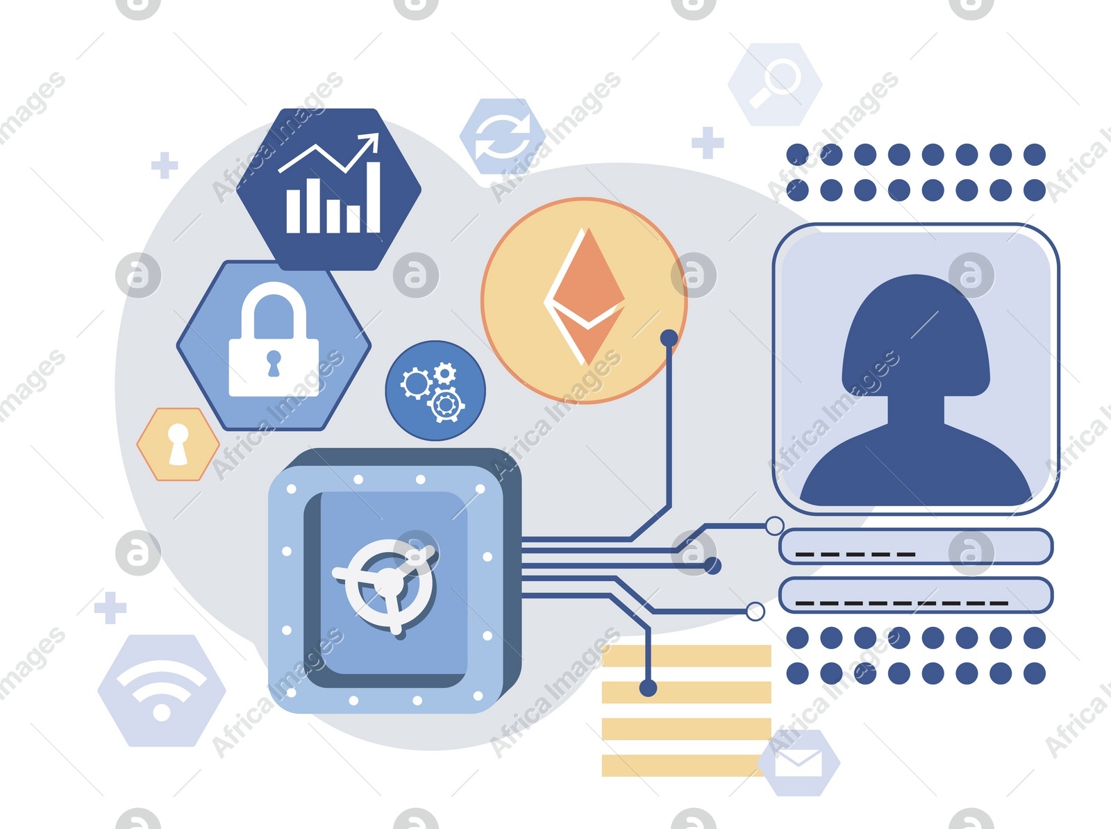 Digital inheritance concept. Scheme with user login fields and different icons on white background Illustration of Digital inheritance concept. Scheme with user login fields and different icons on white background