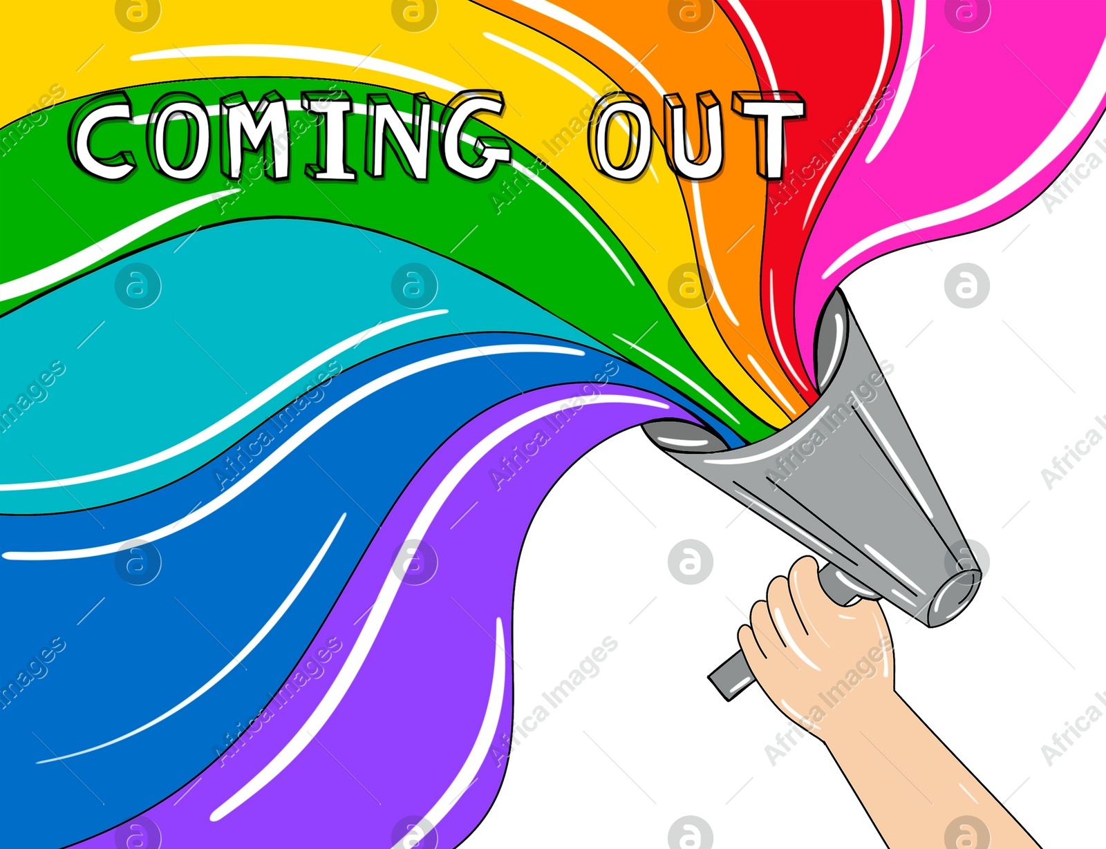 Coming Out phrase with pride flag flowing out from loudspeaker in activist's hand, illustration Illustration of Coming Out phrase with pride flag flowing out from loudspeaker in activist's hand, illustration
