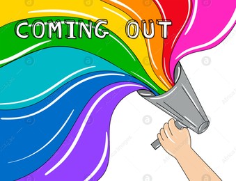 Coming Out phrase with pride flag flowing out from loudspeaker in activist's hand, illustration Illustration of Coming Out phrase with pride flag flowing out from loudspeaker in activist's hand, illustration
