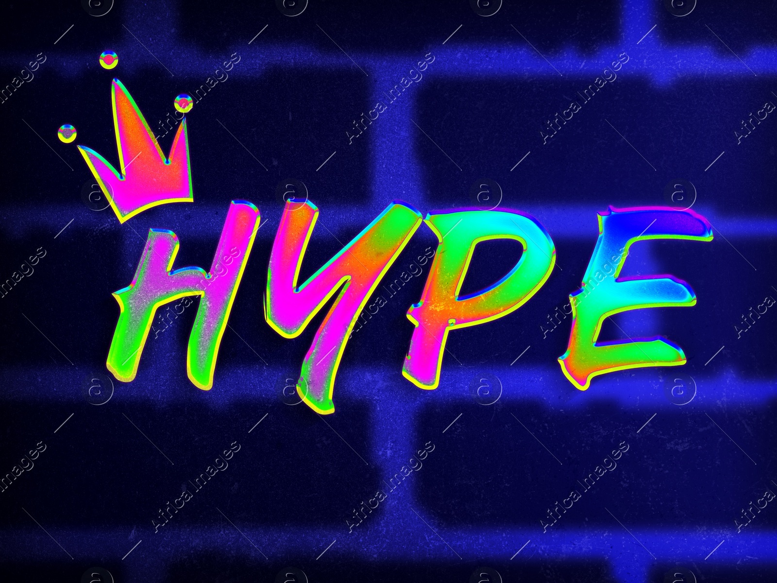 Bright rainbow word Hype with crown illustration against brick wall Illustration of Bright rainbow word Hype with crown illustration against brick wall