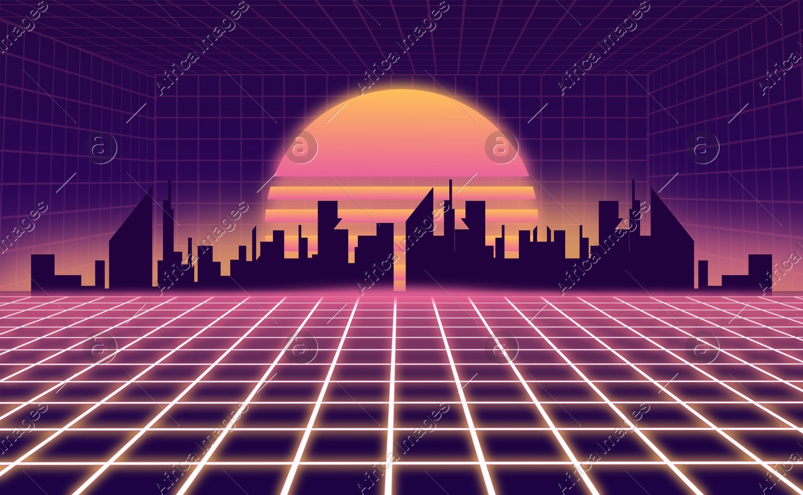 Metaverse. Digital city with buildings at sunset, illustration Illustration of Metaverse. Digital city with buildings at sunset, illustration