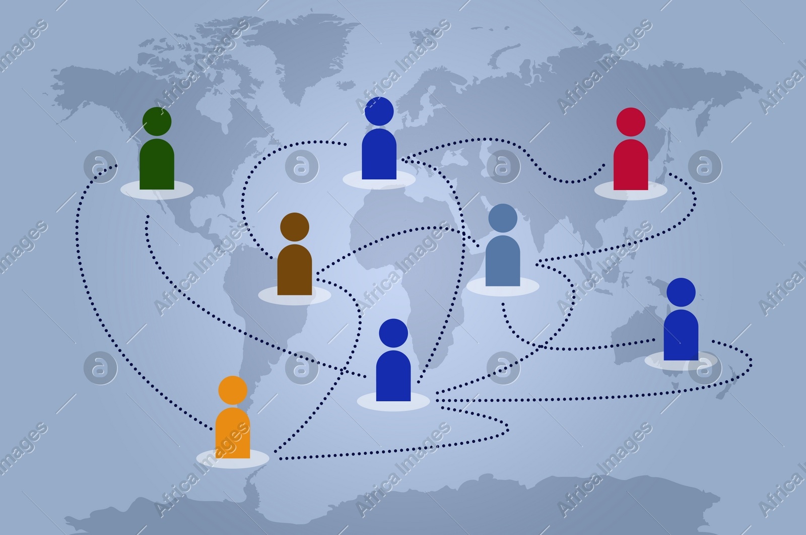 World map with scheme of human figures linked together as network on grey background, illustration Illustration of World map with scheme of human figures linked together as network on grey background, illustration