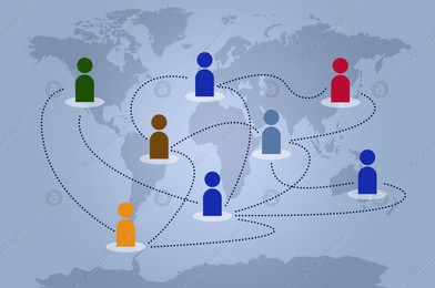 World map with scheme of human figures linked together as network on grey background, illustration Illustration of World map with scheme of human figures linked together as network on grey background, illustration