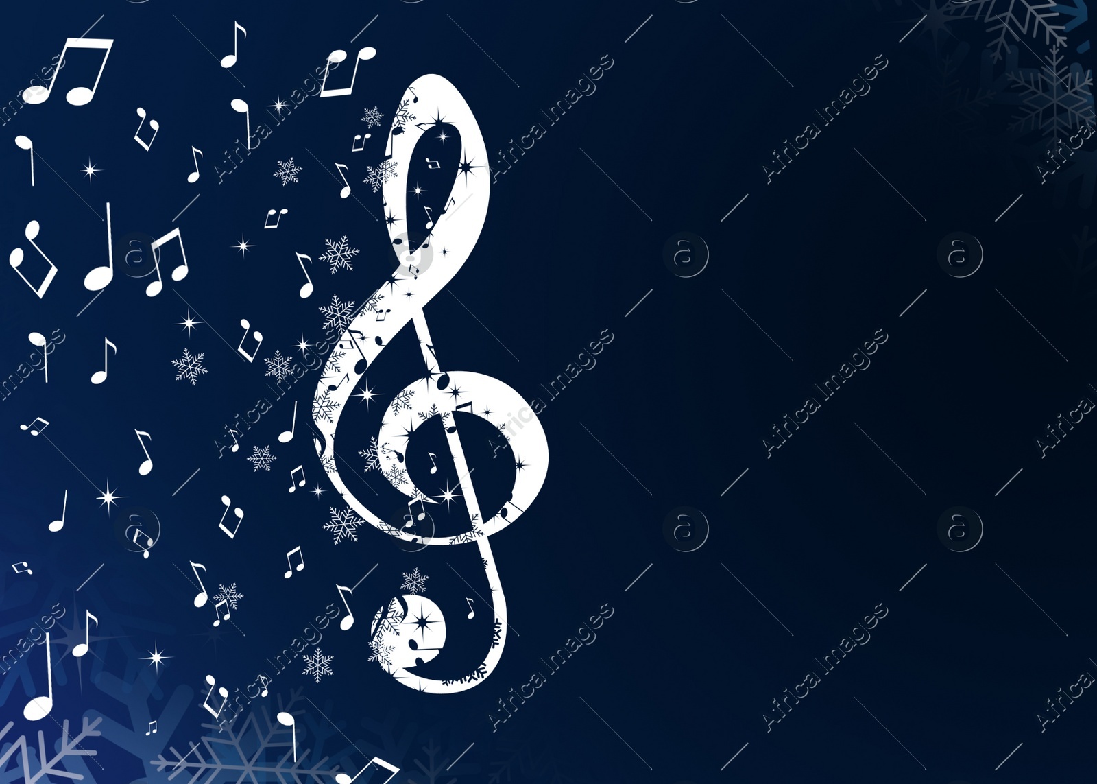 Christmas melody. Music notes and snowflakes on dark blue background, space for text. Illustration design Illustration of Christmas melody. Music notes and snowflakes on dark blue background, space for text. Illustration design