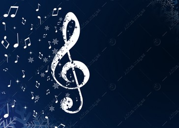 Christmas melody. Music notes and snowflakes on dark blue background, space for text. Illustration design Illustration of Christmas melody. Music notes and snowflakes on dark blue background, space for text. Illustration design