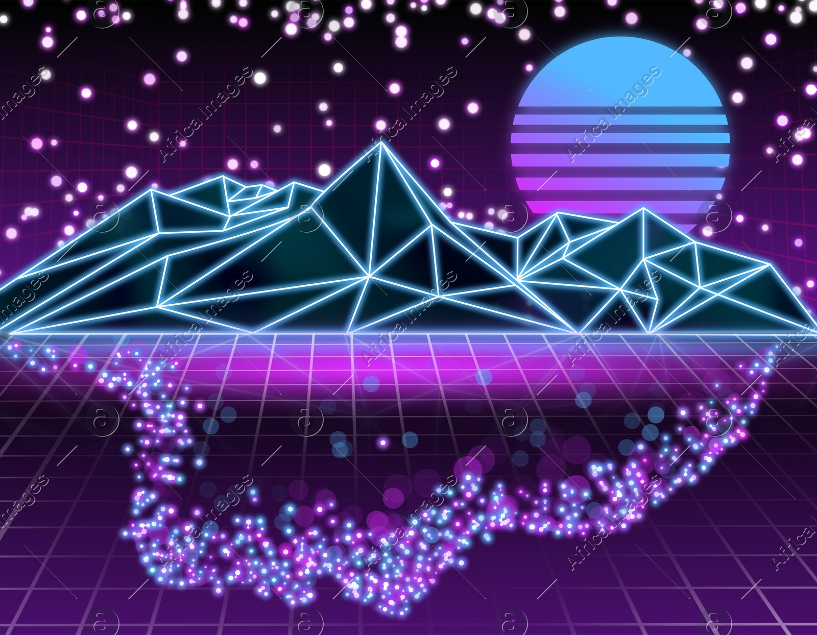 Metaverse. Digital landscape with mountains and luminary, illustration Illustration of Metaverse. Digital landscape with mountains and luminary, illustration