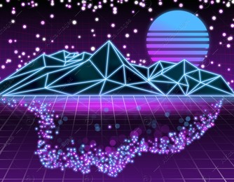 Metaverse. Digital landscape with mountains and luminary, illustration Illustration of Metaverse. Digital landscape with mountains and luminary, illustration