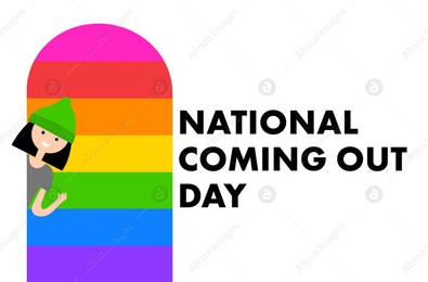 National Coming Out Day. Person waving from doorway with pride flag colors on background, illustration Illustration of National Coming Out Day. Person waving from doorway with pride flag colors on background, illustration