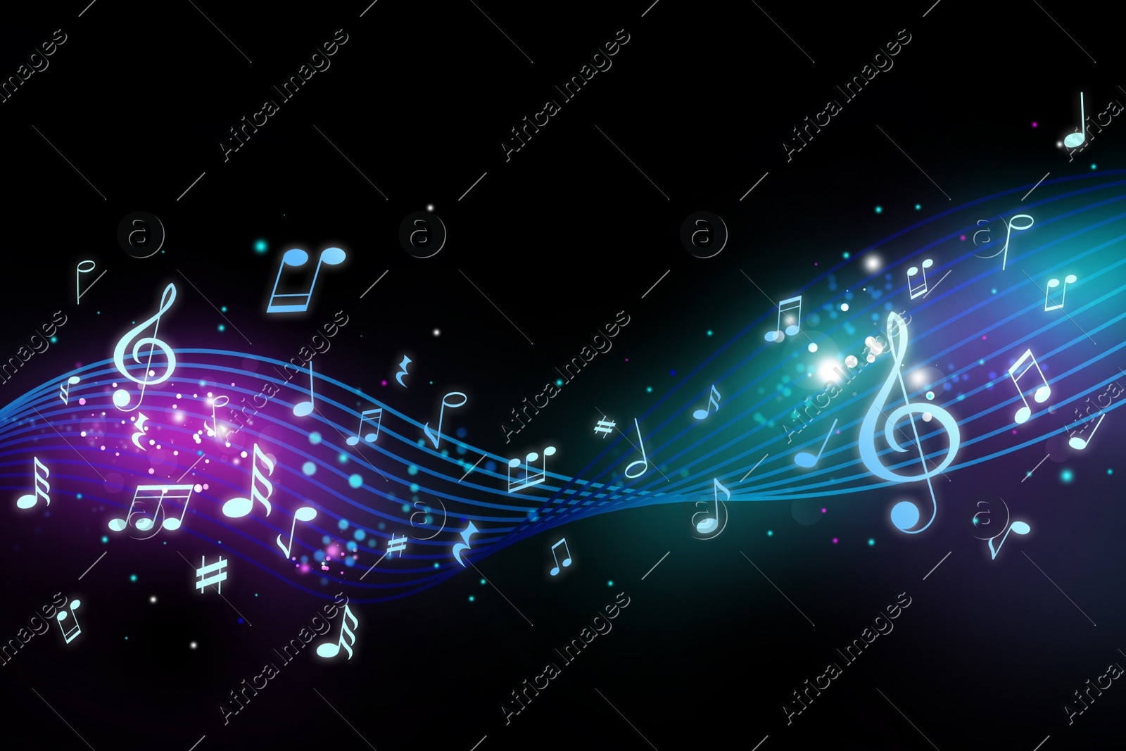 Bright staff with music notes and other musical symbols on black background Illustration of Bright staff with music notes and other musical symbols on black background