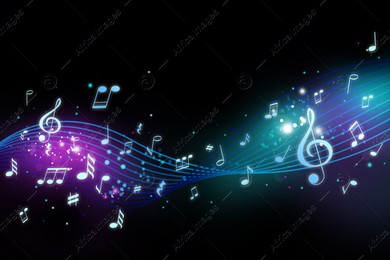 Bright staff with music notes and other musical symbols on black background Illustration of Bright staff with music notes and other musical symbols on black background