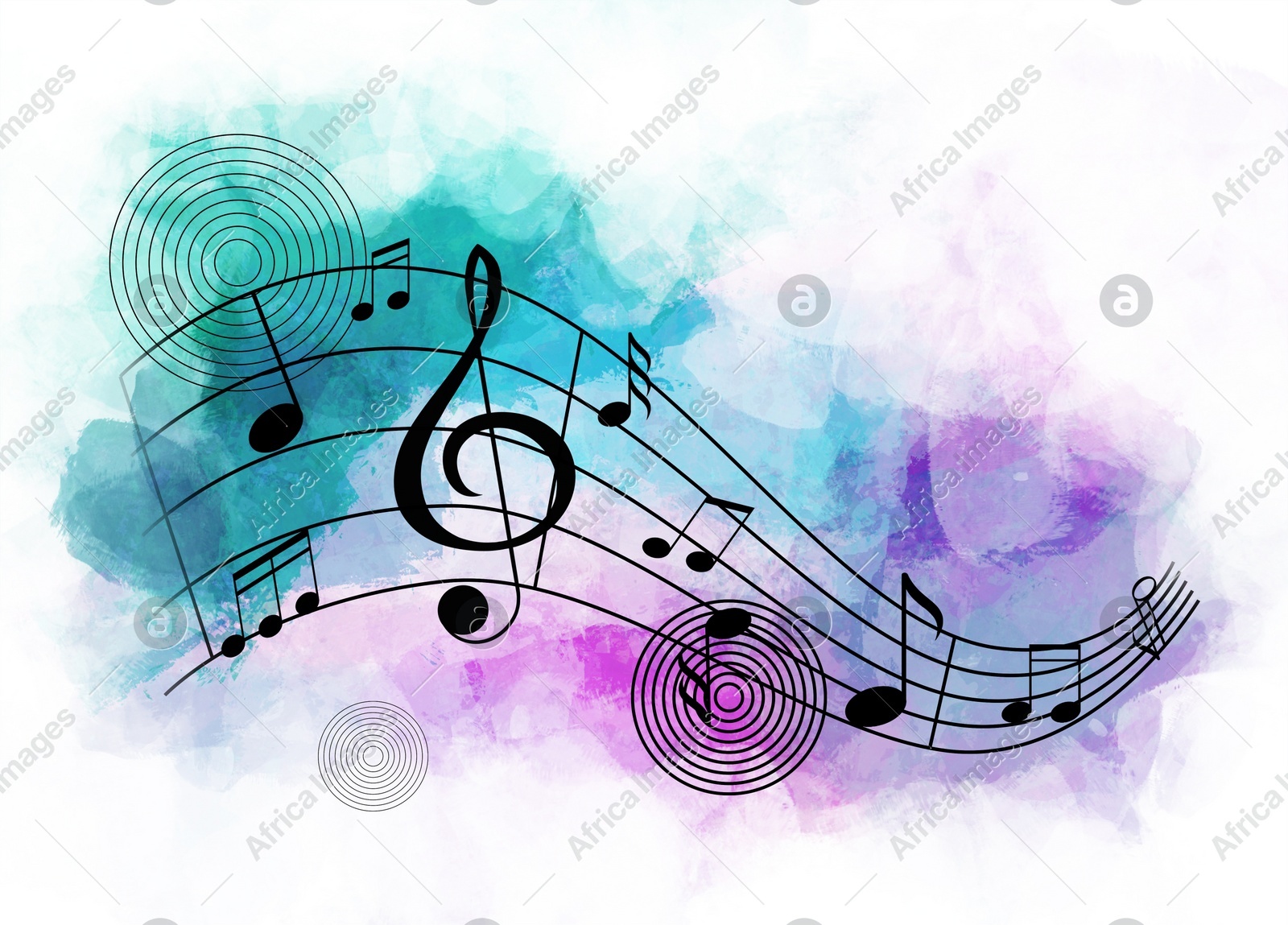 Staff with music notes and treble clef on color background Illustration of Staff with music notes and treble clef on color background