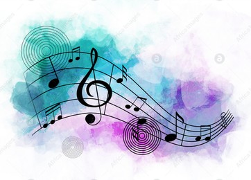 Staff with music notes and treble clef on color background Illustration of Staff with music notes and treble clef on color background