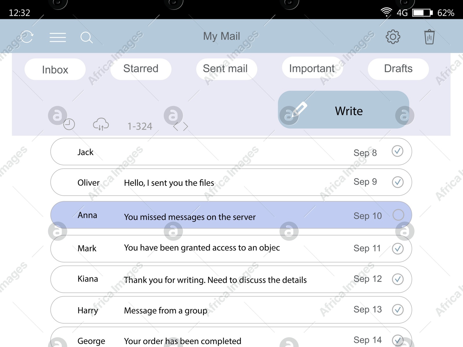 Interface of mailbox, illustration. User's account with emails Illustration of Interface of mailbox, illustration. User's account with emails