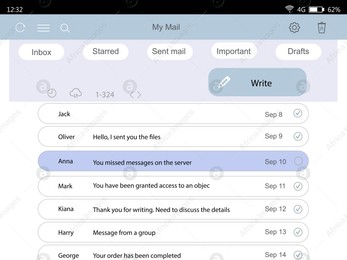 Interface of mailbox, illustration. User's account with emails Illustration of Interface of mailbox, illustration. User's account with emails