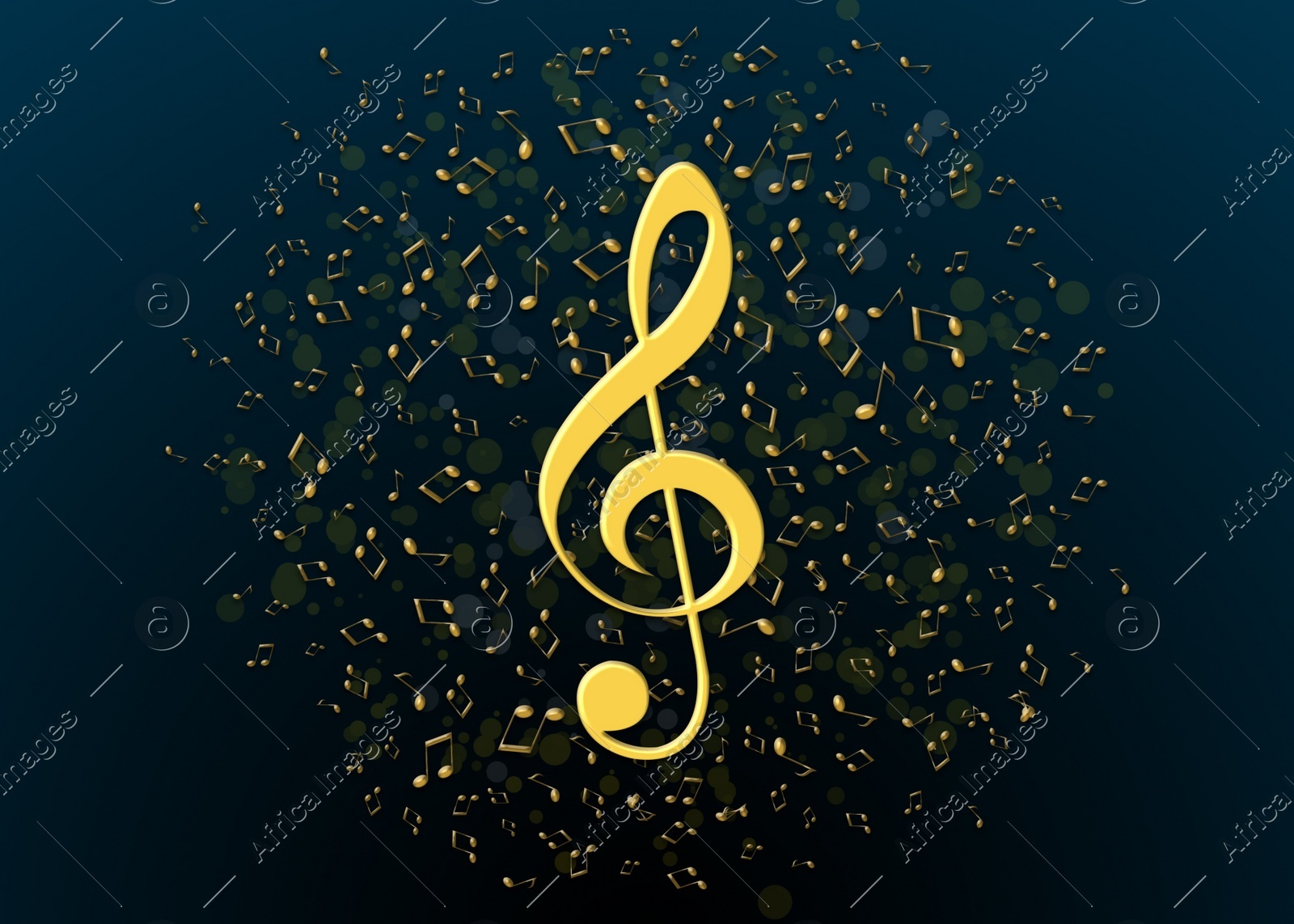 Golden treble clef among many music notes on blue background, bokeh effect. Beautiful illustration design Illustration of Golden treble clef among many music notes on blue background, bokeh effect. Beautiful illustration design