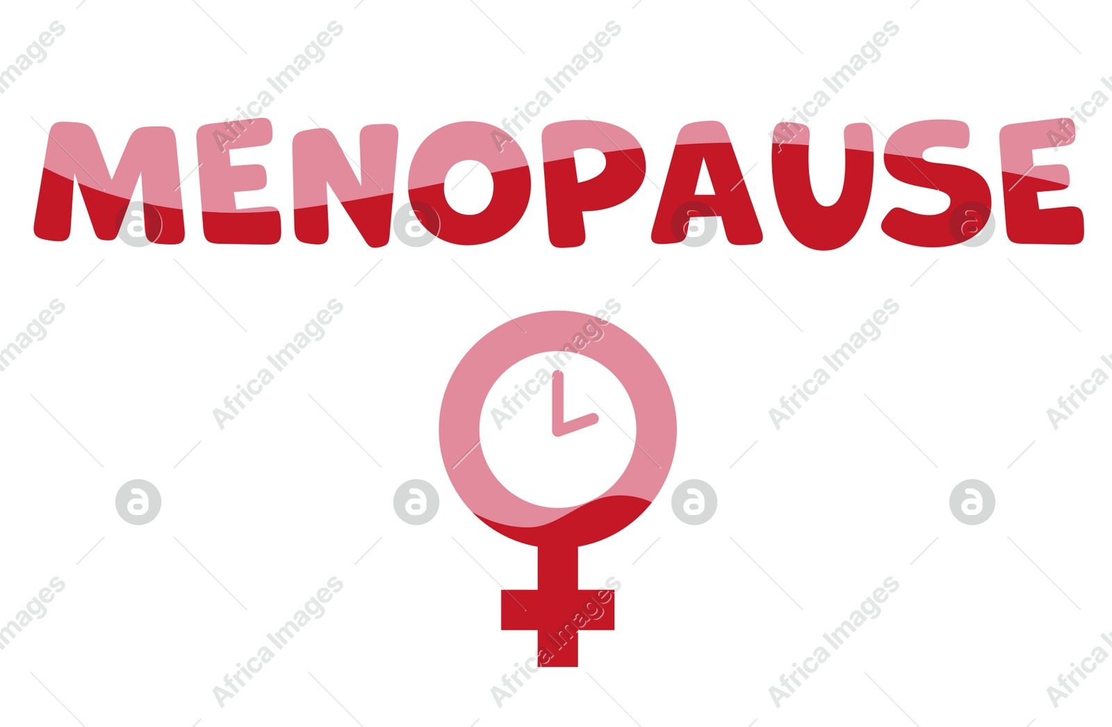 Women's health changes. Female gender symbol with clock inside under word Menopause on white background Illustration of Women's health changes. Female gender symbol with clock inside under word Menopause on white background