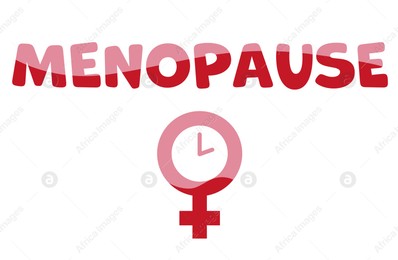 Women's health changes. Female gender symbol with clock inside under word Menopause on white background Illustration of Women's health changes. Female gender symbol with clock inside under word Menopause on white background
