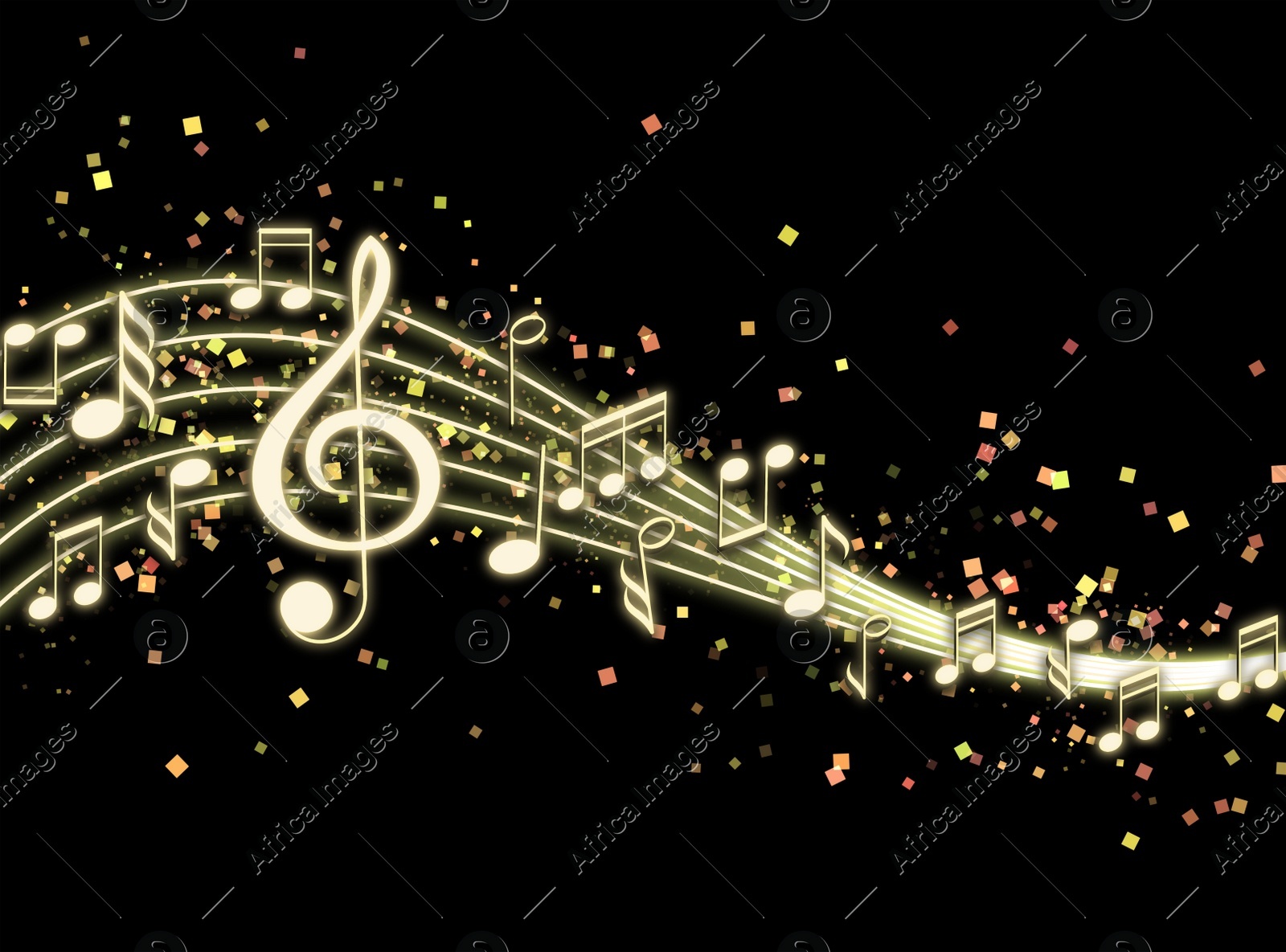 Staff with music notes and treble clef on black background Illustration of Staff with music notes and treble clef on black background