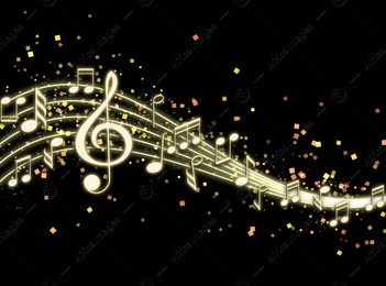 Staff with music notes and treble clef on black background Illustration of Staff with music notes and treble clef on black background
