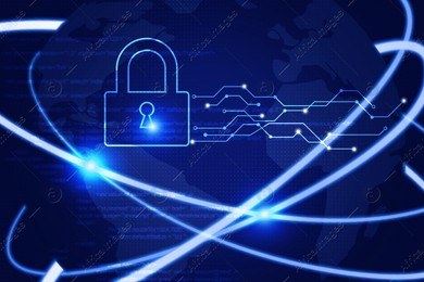 Cyber attack prevention concept. Digital lock and world globe on background Illustration of Cyber attack prevention concept. Digital lock and world globe on background