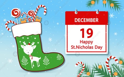 Saint Nicholas Day greeting card design. Calendar with date and Christmas stocking on blue background Illustration of Saint Nicholas Day greeting card design. Calendar with date and Christmas stocking on blue background