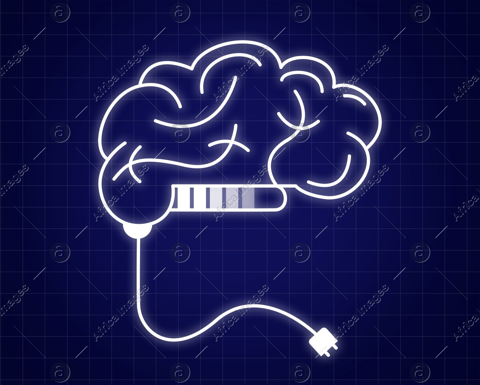 Illustration of human brain with plug on blue background Illustration of human brain with plug on blue background