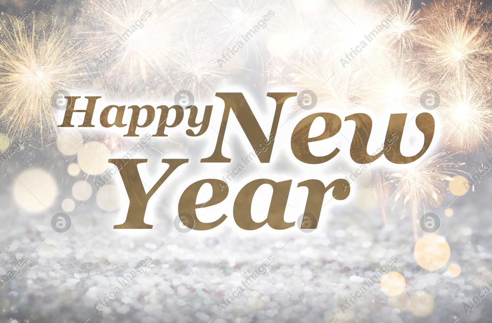Text Happy New Year on festive background with fireworks, bokeh effect Illustration of Text Happy New Year on festive background with fireworks, bokeh effect