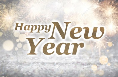Text Happy New Year on festive background with fireworks, bokeh effect Illustration of Text Happy New Year on festive background with fireworks, bokeh effect