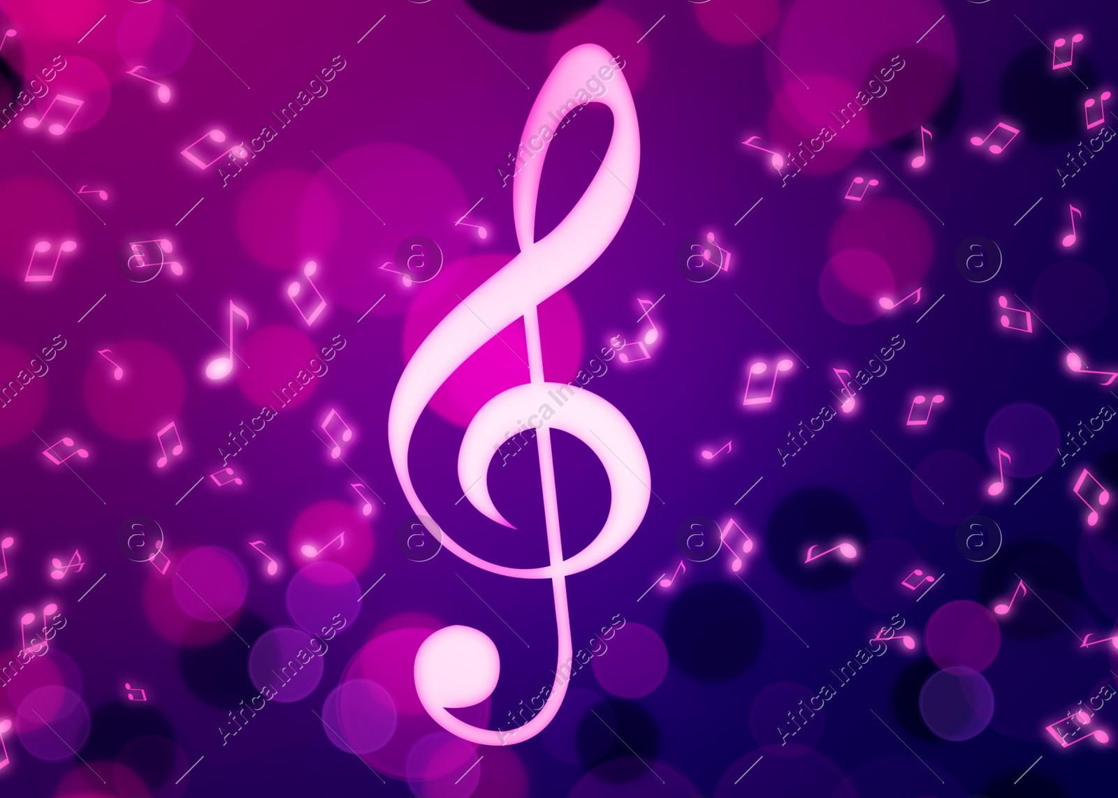 Treble clef and music notes flying on pink and purple background, bokeh effect. Beautiful illustration design Illustration of Treble clef and music notes flying on pink and purple background, bokeh effect. Beautiful illustration design