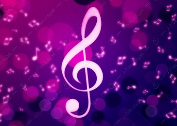 Treble clef and music notes flying on pink and purple background, bokeh effect. Beautiful illustration design Illustration of Treble clef and music notes flying on pink and purple background, bokeh effect. Beautiful illustration design