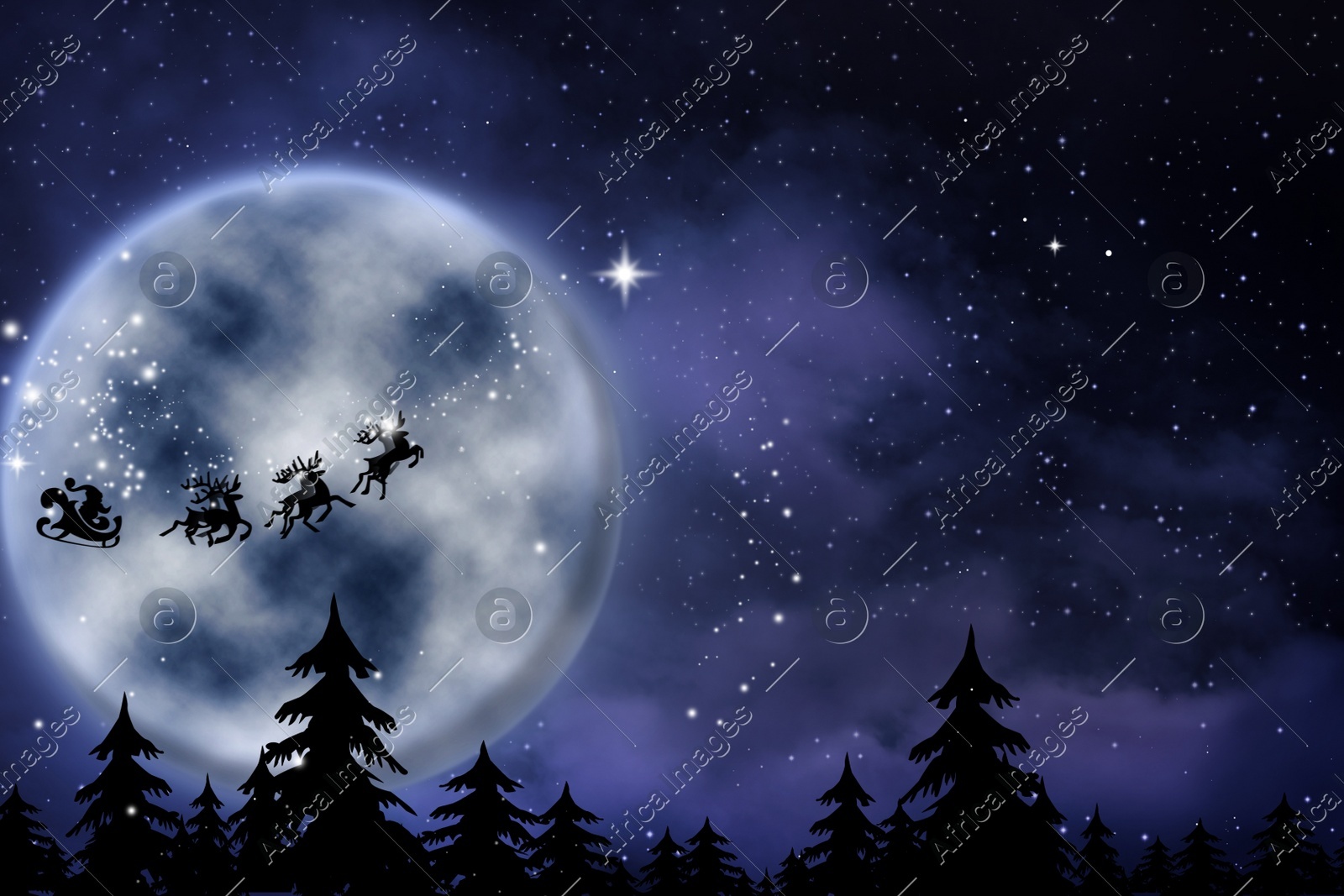 Magic Christmas eve. Santa with reindeers flying in sky on full moon night Illustration of Magic Christmas eve. Santa with reindeers flying in sky on full moon night