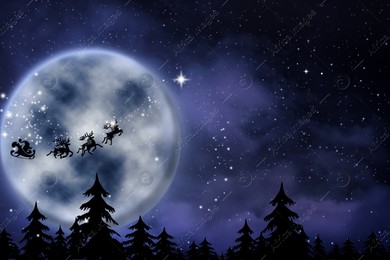 Magic Christmas eve. Santa with reindeers flying in sky on full moon night Illustration of Magic Christmas eve. Santa with reindeers flying in sky on full moon night