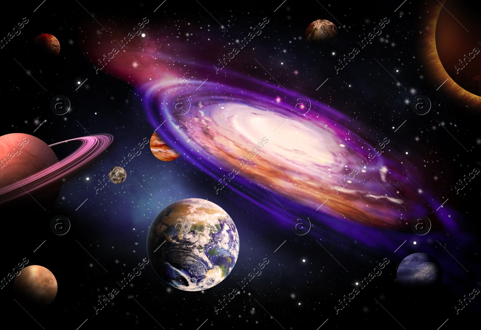 Galaxy with stars and planets, illustration. Fantasy world Illustration of Galaxy with stars and planets, illustration. Fantasy world