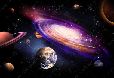 Galaxy with stars and planets, illustration. Fantasy world Illustration of Galaxy with stars and planets, illustration. Fantasy world