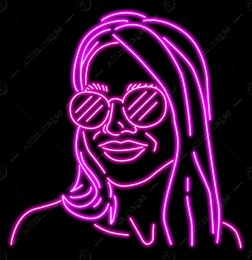Glowing neon sign with outline of girl on black background Illustration of Glowing neon sign with outline of girl on black background