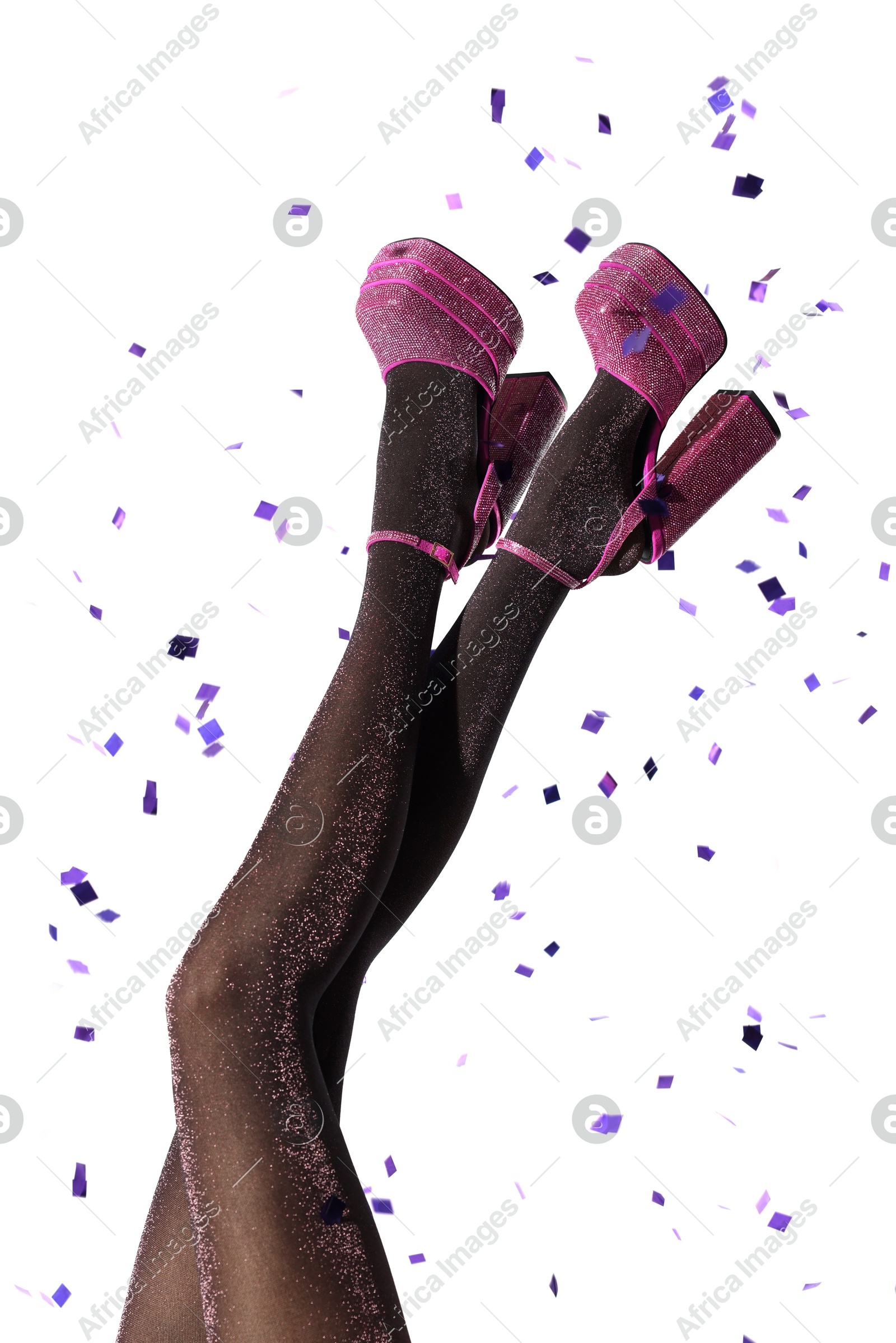 Stylish party. Woman wearing pink high heeled shoes with platform and square toes on light grey background, closeup Photo of Stylish party. Woman wearing pink high heeled shoes with platform and square toes on light grey background, closeup