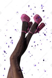 Stylish party. Woman wearing pink high heeled shoes with platform and square toes on light grey background, closeup Photo of Stylish party. Woman wearing pink high heeled shoes with platform and square toes on light grey background, closeup
