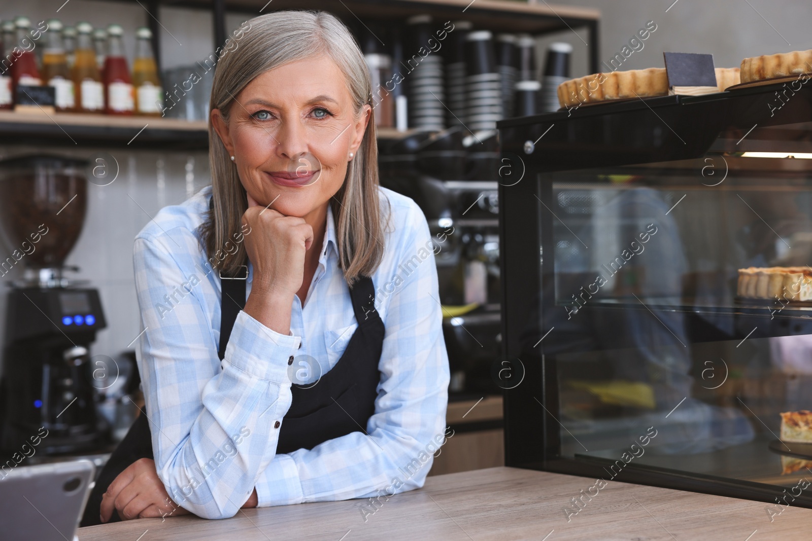 Portrait of smiling business owner at cashier desk in her cafe Photo of Portrait of smiling business owner at cashier desk in her cafe