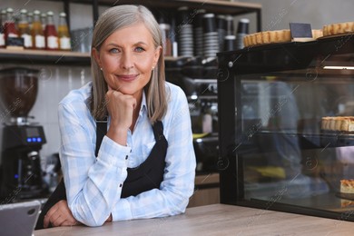 Portrait of smiling business owner at cashier desk in her cafe Photo of Portrait of smiling business owner at cashier desk in her cafe