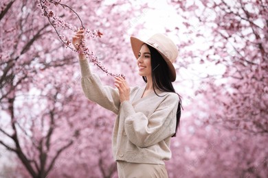 Pretty young woman in park with blooming trees. Spring look Photo of Pretty young woman in park with blooming trees. Spring look