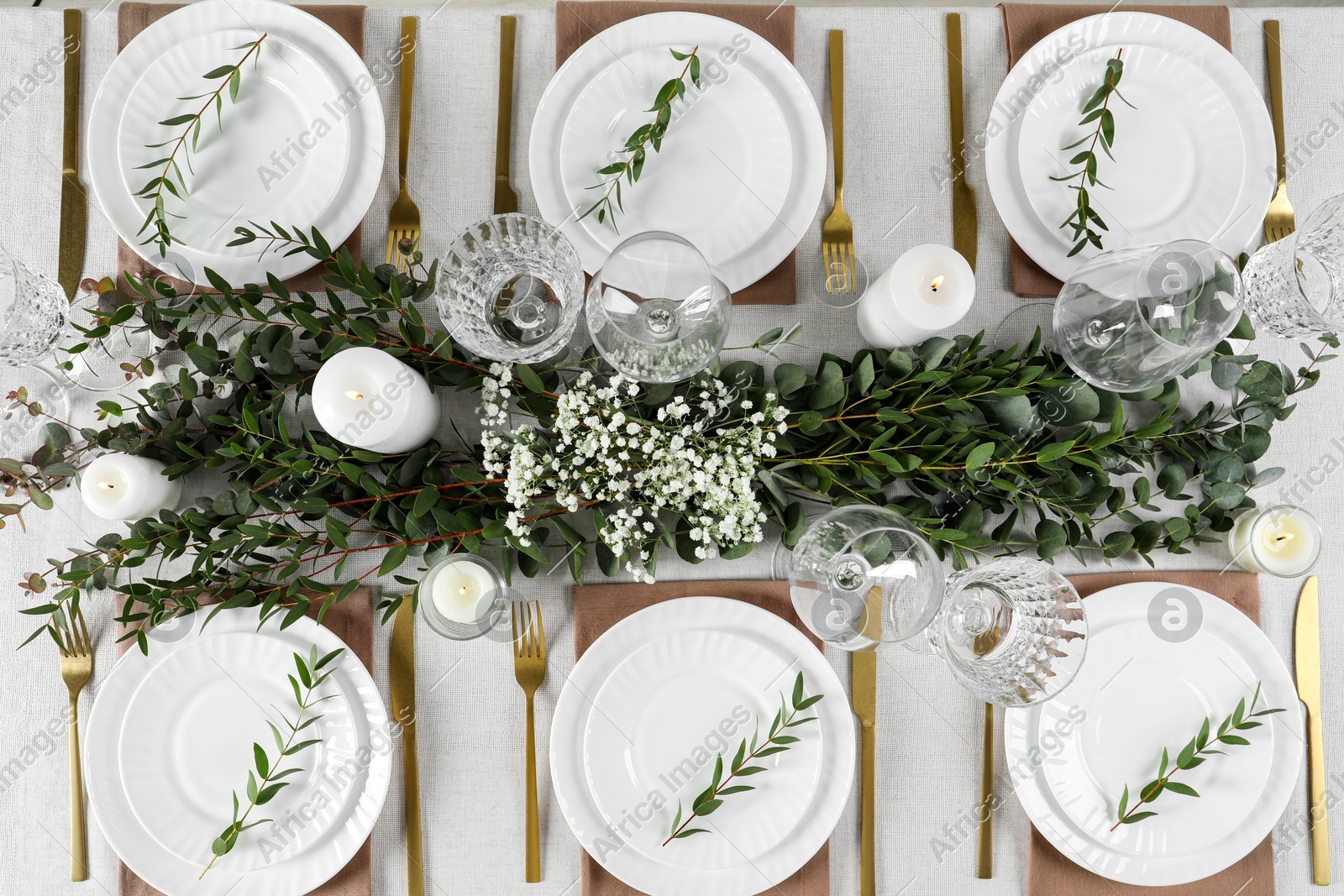 Stylish elegant table setting for festive dinner, flat lay Photo of Stylish elegant table setting for festive dinner, flat lay