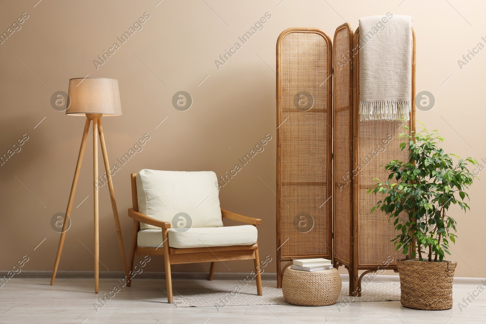Folding screen, blanket, armchair, lamp and green houseplant near beige wall indoors Photo of Folding screen, blanket, armchair, lamp and green houseplant near beige wall indoors