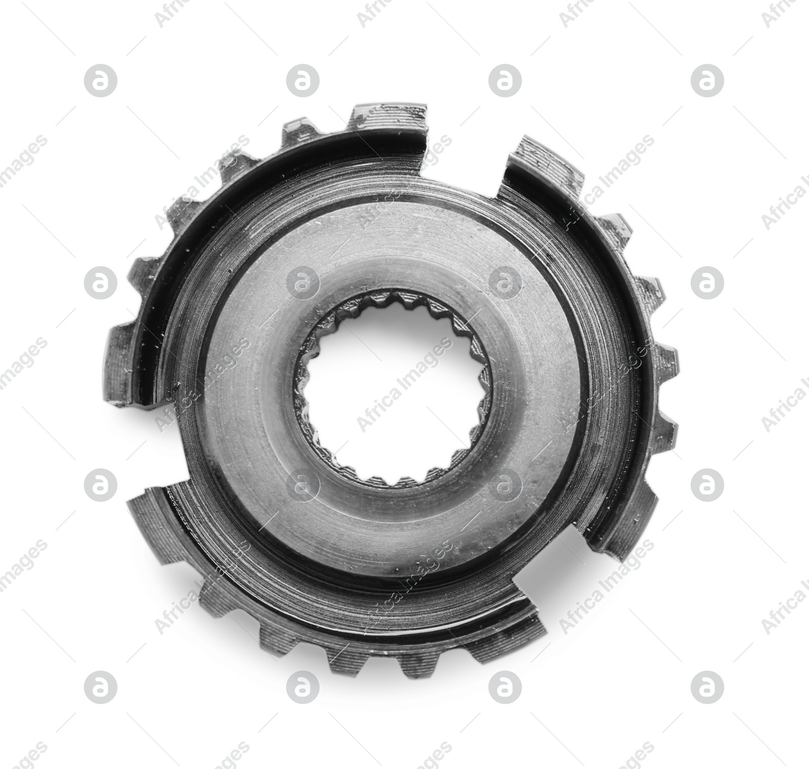 Stainless steel gear on white background, top view Photo of Stainless steel gear on white background, top view
