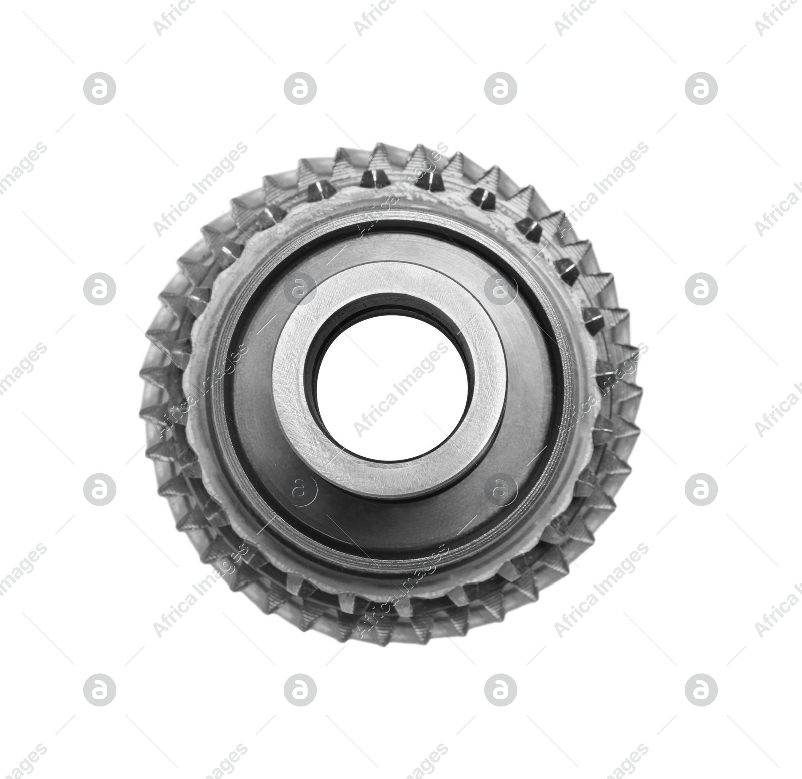 Stainless steel gears on white background, top view Photo of Stainless steel gears on white background, top view